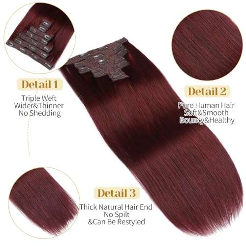 Clip in Hair Extensions Real Human Hair Burgundy Red 18 Inch 7pcs 70g/Pack - Soft, Straight, Easy to Use for Women - Variation of THIS listing