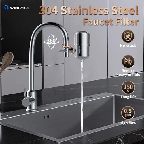 WINGSOL WS-FM001 5-in-1 Stainless Steel Faucet Water Filter for Sink, Lead Reduction, 250G, Rotating Tap Purifier