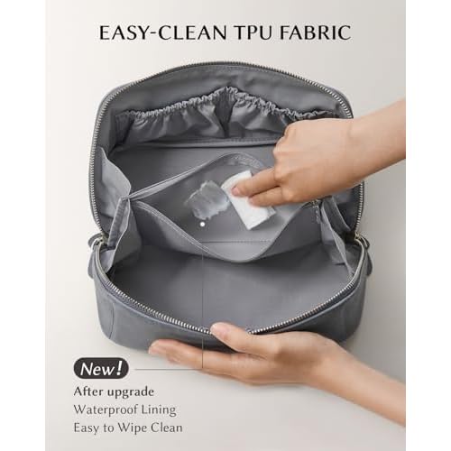 EACHY Leather Makeup Bag, Portable 180¡Æ Wide-Open Flat Cosmetic Bag for Women, Large Capacity Make Up Organizer Makeup Pouch with Divider and Handle