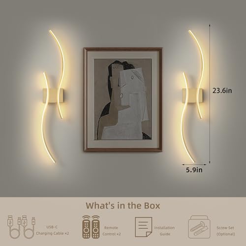 GLOTHOR Brushed Brass Arc Wireless Wall Sconces Set of 2, Dimmable, 3CCT, 23.6"