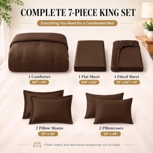 King Size Comforter Set Brown - 7 Piece Bed in a Bag, Microfiber Bedding