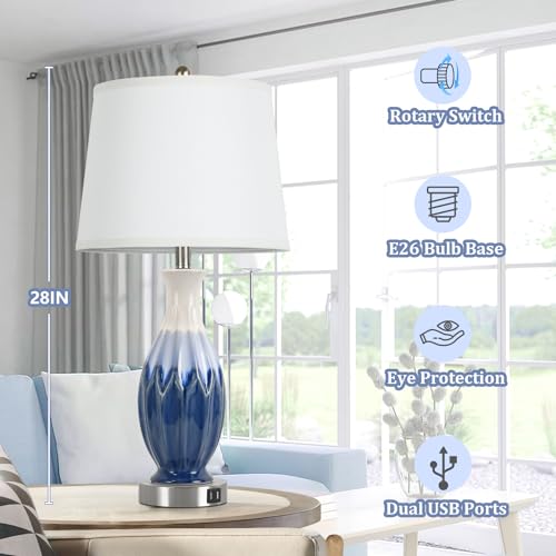 Bosceos 28” Table Lamps Set of 2 - Ceramic Navy Blue Bedside Lamps with USB Ports