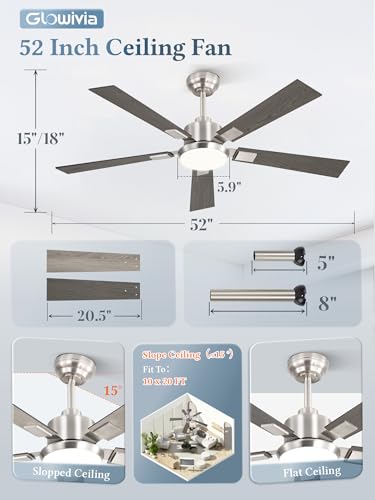 Glowivia 52-Inch Brushed Nickel Ceiling Fan with Dimmable RGB Lights & Remote - Modern 6-Speed Reversible Fan for Living Room & Bedroom, Model 1