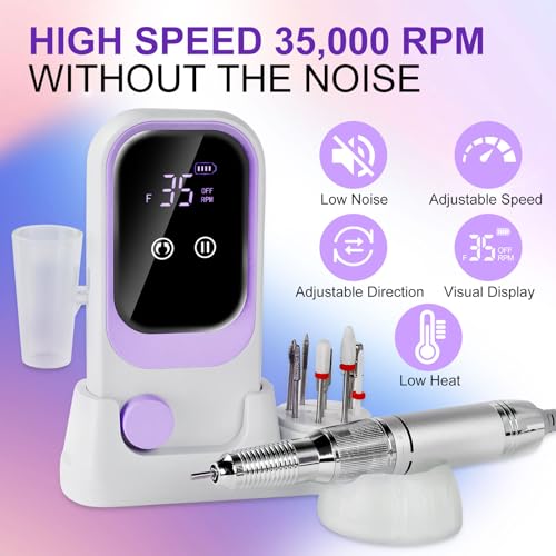 LIMEGIRL Electric File Nail Drill Professional 35000RPM Purple Nail File with Rechargeable Base & Bits Nail Drill Bit Nail Files and Buffers for Acrylic Nail Remove Nail Tech Must Haves for Salon Home