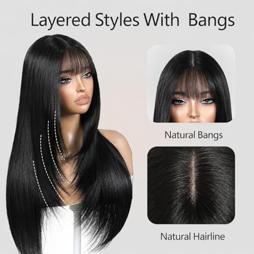 Black 26-Inch Layered Wig with Bangs for Women - Natural Straight Style