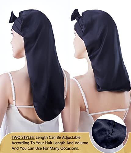 X-Large Mulberry Silk Sleep Bonnet for Curly Hair - Black, Adjustable Tie Band