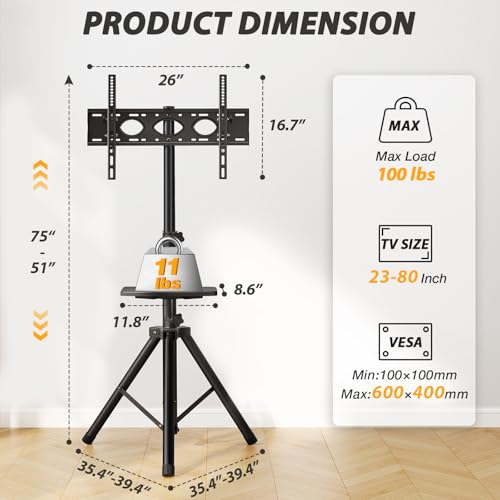 TVON Tripod TV Stand with Shelf for 23-80 Inch TVs, 100lbs Capacity - Black
