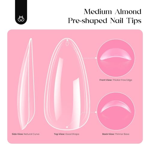 Beetles Nail Kit, 600Pcs Medium Almond Nail Tips with Milky White Gel Polish Top Coat, 15 Sizes Beetles Gel Soft Clear Press on Nails 5 In 1 Nail Glue Valentine Nail Extension Set for Women