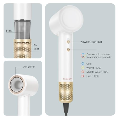 White Ionic Hair Dryer with Diffuser, Compact & Lightweight, 110V, For All Hair Types - Homdigrk C05