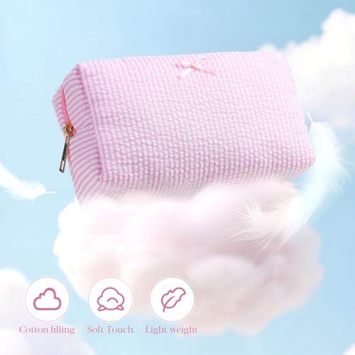 8 Pcs Seersucker Makeup Bag Set with Striped Pattern - Light Pink