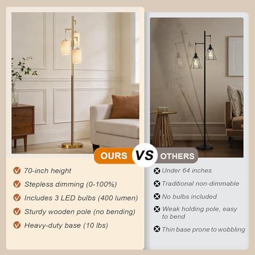 Wood Chestnut Dimmable Floor Lamp 70 Inch Tall Living Room Standing Light