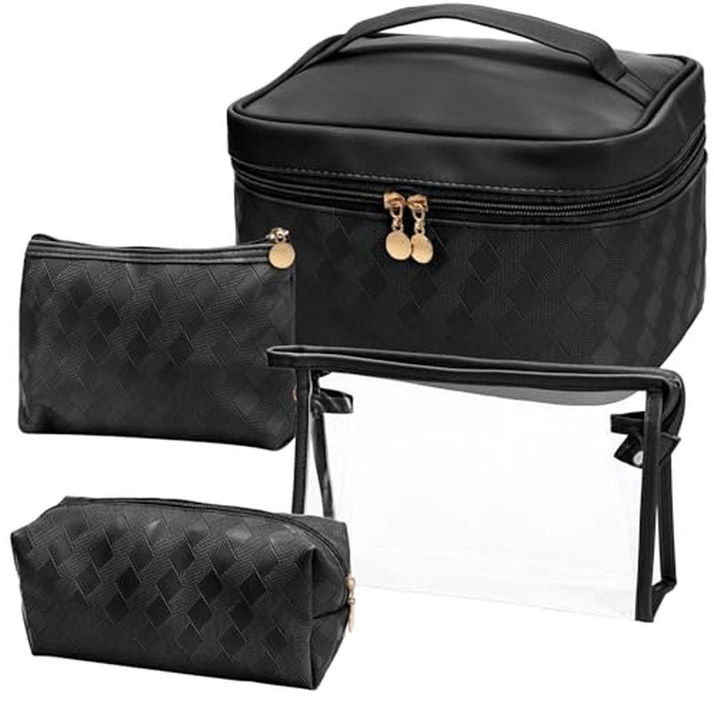 Hedume Set of 4 Makeup Bags, Black Leather Portable Travel Cosmetic Bag, Waterproof Cosmetic Bag Set, Multifunction Organizer Storage Bag for Makeup, Toiletries, Brushes and Accessories