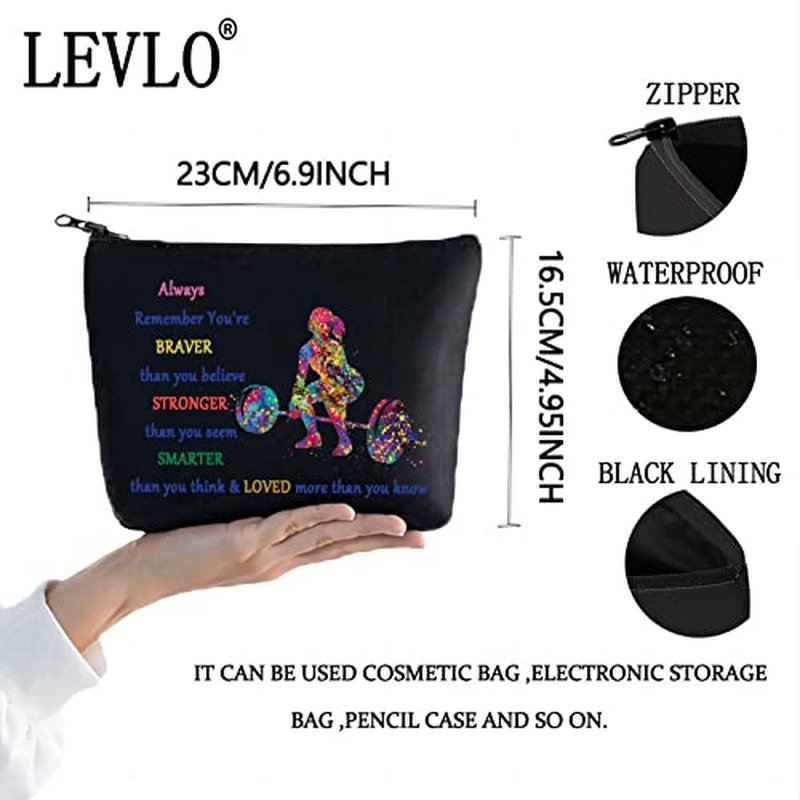 LEVLO Weight Lifting Cosmetic Make Up Bag Weightlifter Gifts Idea You Are Braver Stronger Smarter Than You Think Weightlifting Makeup Zipper Pouch Bag For Women Girls (Weight Lifting Black)