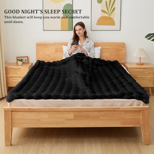 Ghouse Faux Fur Throw Blanket Black Twin 60x80 Inches Soft Cozy Couch Bedding
