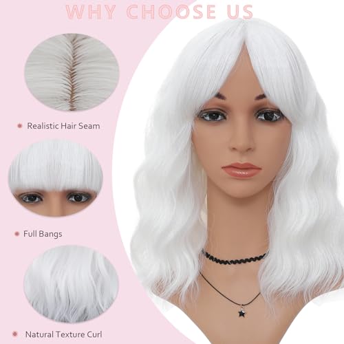 White Wavy Bob Wig with Bangs - Short Shoulder Length Cosplay & Party Hair - Variation: White