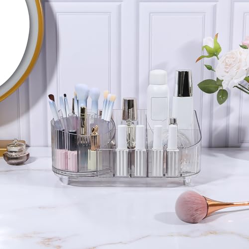 DASITON Clear Rotating Makeup Organizer with Multi-Compartment & Brush Holder