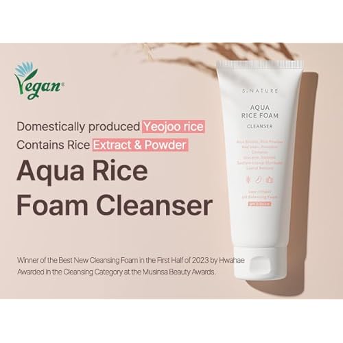 S.NATURE AQUA RICE FOAM CLEANSER | Facial Cleanser, Rice Extract Rice Powder Cleanser with Mild Cleansing, Glycerin,Vegan, Face Wash, Korean Skincare¤Ó 160ml 5.4 Fl Oz