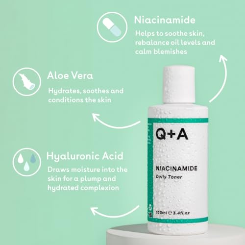 Q+A Niacinamide Daily Toner for Face (100ml), Pore Refining and Hydrating Face Toner with Hyaluronic Acid and Aloe Vera, Fragrance Free Skincare, Helps Calm Redness and Blemishes