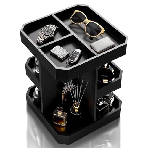 HWZ Wooden Cologne Organizer for Men, Cologne Stand, 360 Rotating, Massive 3 Shelf Storage Unit, Elegant Display Holder for Perfume & Accessories, Bedroom Essentials, Ideal Gift for Loved ones