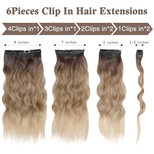Ombre Blonde Clip-In Hair Extensions - 20 Inch Long Wavy Curly 6PCS Natural Hairpieces