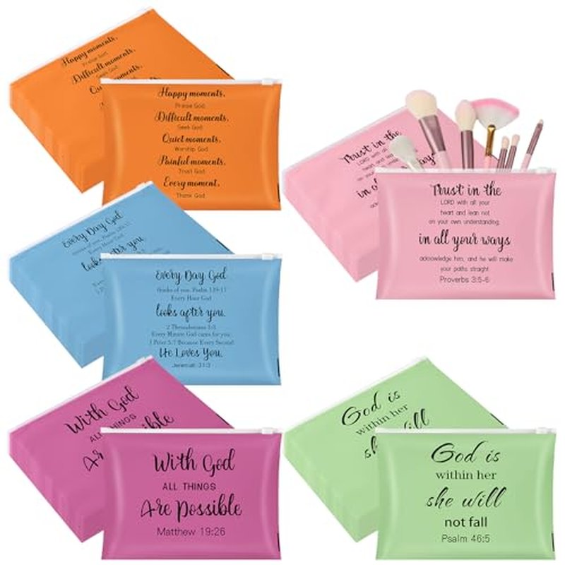 Kacctyen 100 Pcs Christian Gifts for Women Bulk Religious Bible Verse Makeup Cosmetic Bag Bulk Church Inspirational Gift Plastic Toiletry Bag Travel Purse for Mother's Day Teacher 8" x 6"