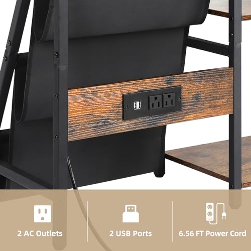 Bikoney Record Player Stand with Power Outlet & 3-Tier Vinyl Storage, Brown & Black, Fits Up to 200 Albums