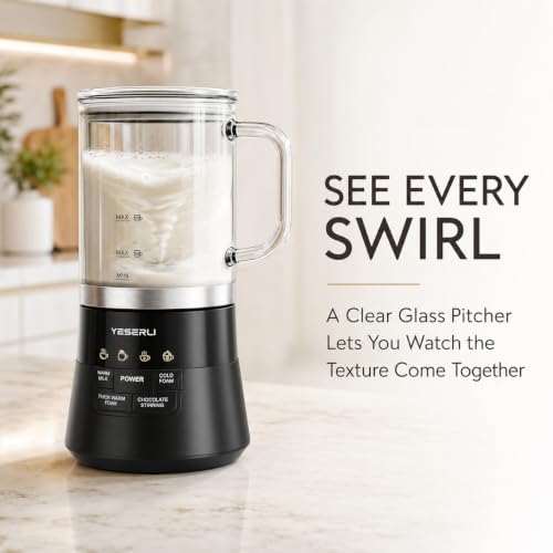 YESERLI 4-in-1 Electric Milk Frother & Steamer with Detachable Glass Jug