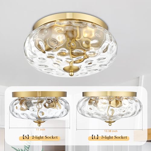 Large Gold Flush Mount Ceiling Light with Water Ripple Glass Shade, 13.38 Inch