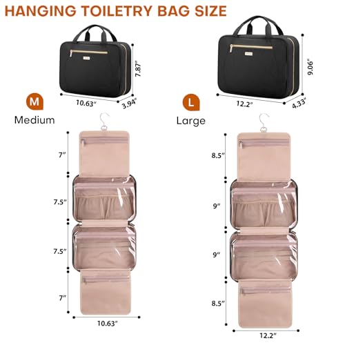 Hanging Toiletry Bag for Women Travel - Large Black Waterproof Cosmetic Organizer with 4 Compartments & Rotating Hook
