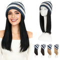 Winter Knit Beanie Wig Hat with Synthetic Hair - Black & White Variation - 11"