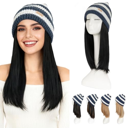 Winter Knit Beanie Wig Hat with Synthetic Hair - Black & White Variation - 11"