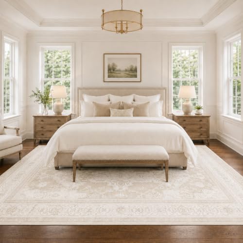 Beige 8x10 Area Rug for Living Room & Bedroom Washable Non-Slip Carpet
