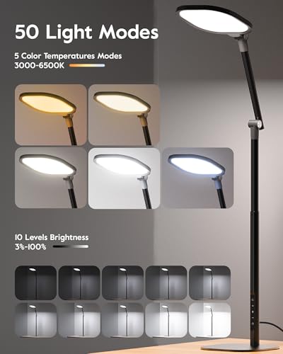 Tall LED Desk Lamp with 50 Light Modes - Eye-Care Edge-Lit Home Office Light - Black 1Pack