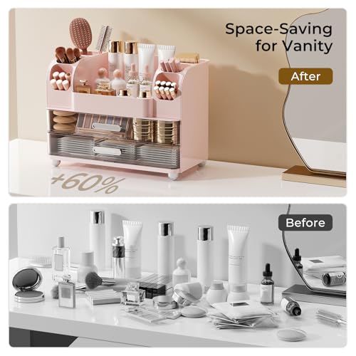Makeup Organizer for Vanity with 2 Large Drawers, Cosmetic Display Case with Brush Holders, Easy to Storage for Bathroom Countertop Skincare, Perfume, Pink