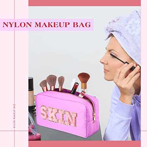 Classic 4-Pack Nylon Makeup Bags for Women - Mixed Color Cosmetic Organizer with Chenille Letter Patches