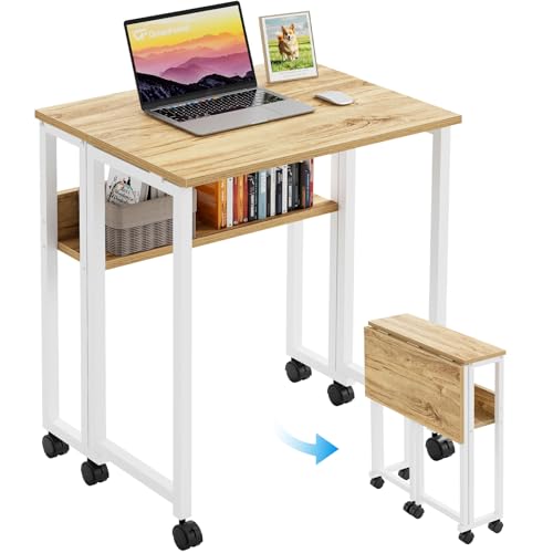 GreenForest 31.5-Inch Oak Folding Rolling Desk with Locking Wheels, Space-Saving Design