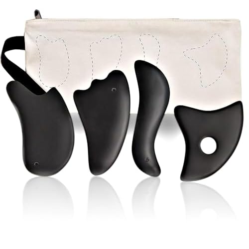 Gua Sha Facial Tools Set of 4 - Premium Bian Stone for Face & Body: Glowing Massage, Daily Skincare Routine, Age-Rewinding, Face Lifting & Slimming Beauty Kit for Woman Man(Black)