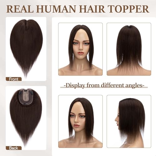 No Bang-#2 Dark Brown 8 Inch Remy Human Hair Topper with Lace Base & Clips