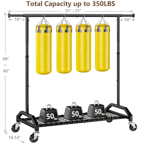Wiracks Heavy Duty Black Clothes Rack with Extendable Rod & Wheels, 350lbs Capacity