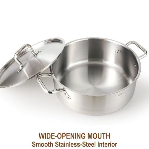 HOMICHEF 15 Qt Braiser Pan with Lid - Nickel Free Stainless Steel, 3-Ply Base, Matte Finish (Silver)