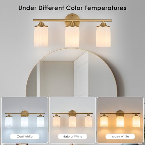 Gold 3-Light Bathroom Vanity Light Fixture with Milk White Shade - 22.8 Inch