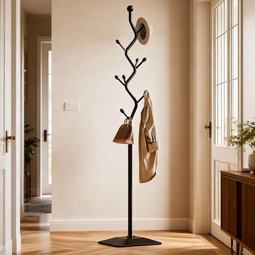 Black 8-Hook Metal Coat Rack Stand - Freestanding 68.8in Modern Organizer