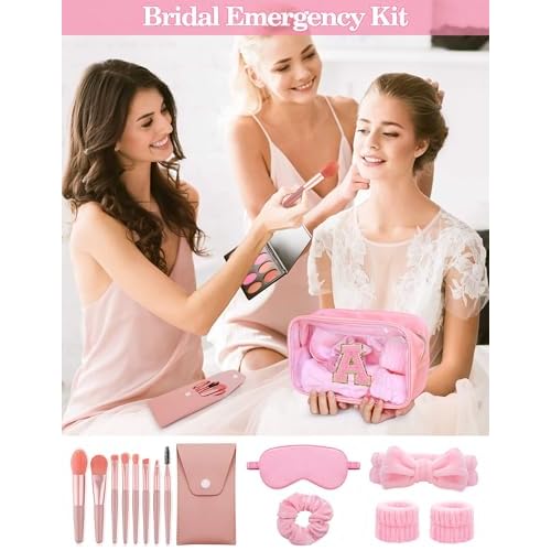 Gift Sets for Women, Initial Makeup Bag with Makeup Brush Set Bachelorette Party Favors, Pink Spa Kit with Skincare Headbands Wrist Bands Sleepover Party Supplies Gifts for Teen Girls Bridesmaid A