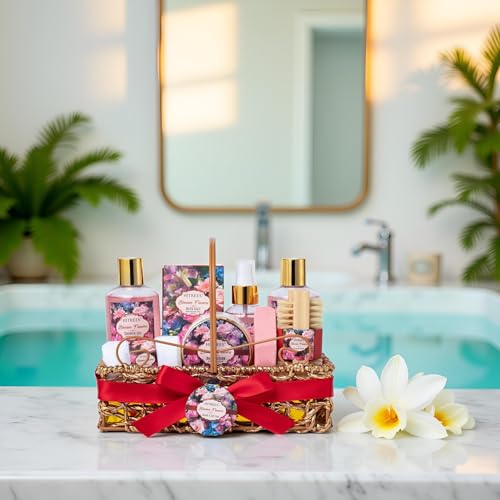 Hitrees Rose & Jasmine Gift Basket for Women, 9-Piece Spa Set with Body Care