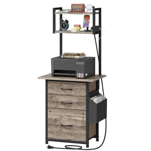 Grey 49-Inch Tall File Cabinet with Charging Station, 3 Drawers & Storage