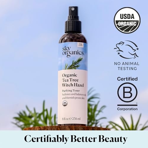 Sky Organics Organic Tea Tree & Witch Hazel for Face, Purifying Facial Toner to Hydrate, Soothe, Cleanse and Balance Blemish-Prone Skin, Helps Minimize The Appearance of Pores, 8 fl oz