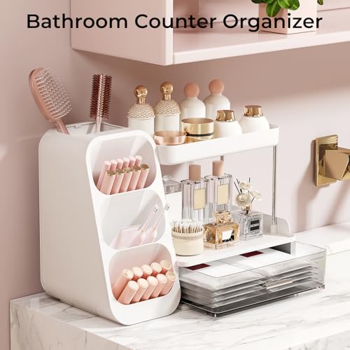 UFORU White Makeup Organizer with Brush Holder, Large Vanity Storage