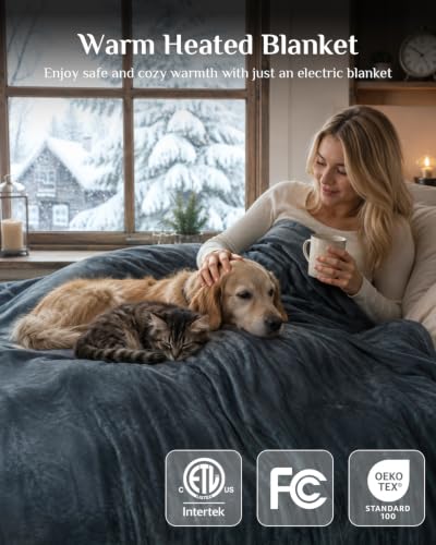 Grey Queen Electric Heated Blanket 220GSM Flannel Sherpa Cozy Warm