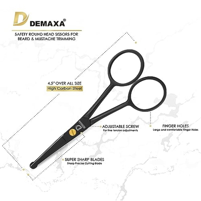4.5" Round Tip Safety Mustache Scissors Beard Scissors with 1 Mustache Comb, 1 Beard Comb & Soft Pouch ? Best Facial Hair Shears for Beard Mustache Trimming Nose & Ear Hair