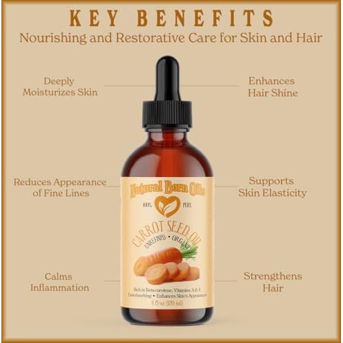 Natural Born Oils Carrot Seed Oil, 2oz, Organic, Cold-Pressed, Rich in Vitamins A & E, Ideal for Skin Rejuvenation, Hair Luster